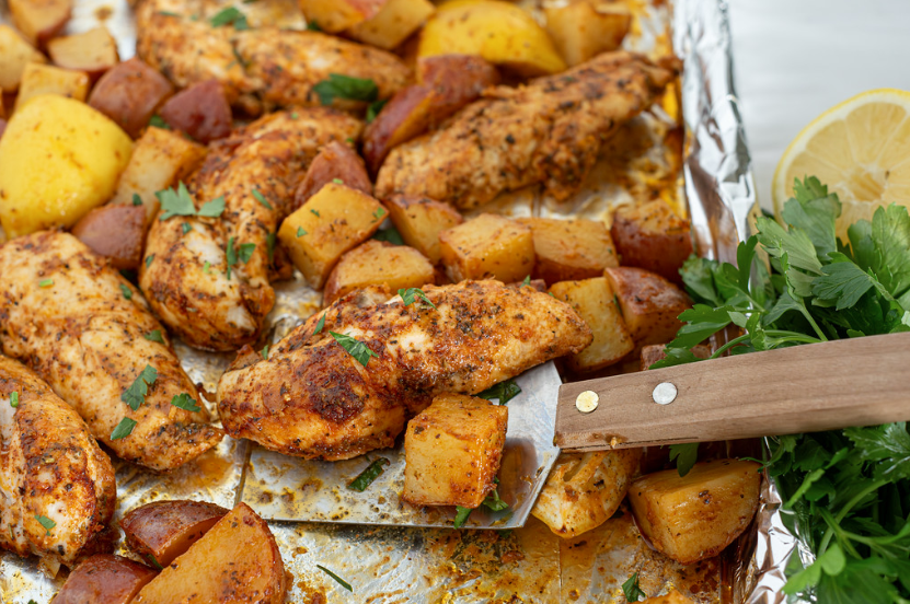 Ranch Chicken & Potato Sheet Pan Dinner Preparation