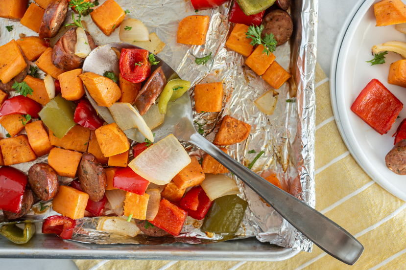 Sausage & Sweet Potato Sheet Pan Dinner Preparation