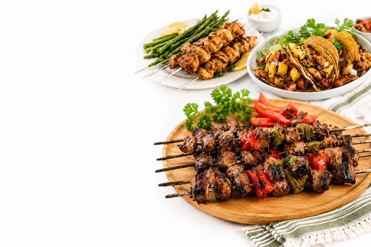 Grilled skewers, tacos, and asparagus
